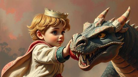 Experience a captivating blend of classic art and surreal fantasy in this artwork depicting a charming prince with fair skin 
