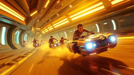 Experience a thrilling futuristic sci-fi chase scene bathed in warm golden hues, brought to life with exaggerated squash and 