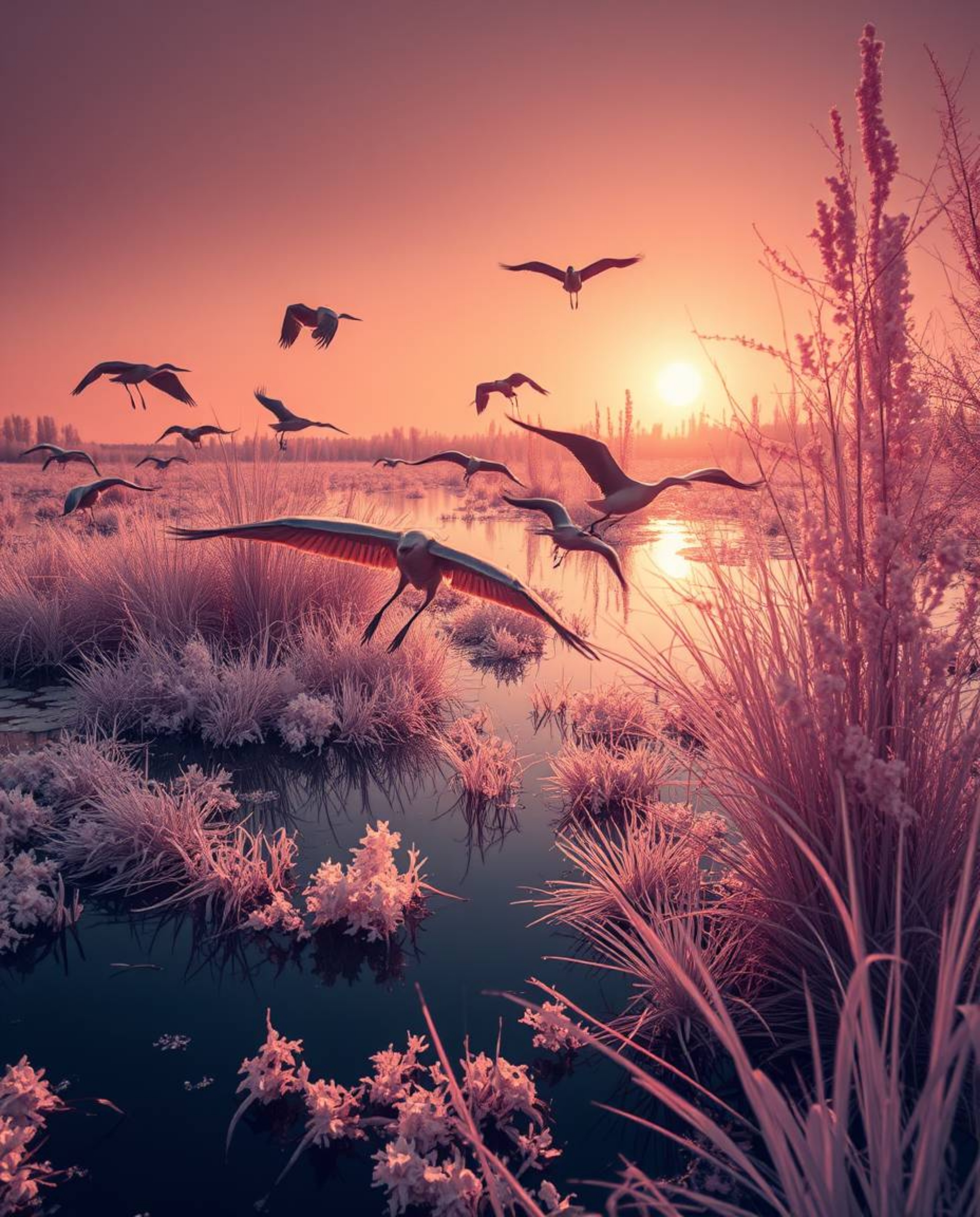 A surreal infrared close-up shot of Golden hour wetlands with herons flying. This photograph offers a detailed focus, capturi