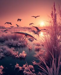 A surreal infrared close-up shot of Golden hour wetlands with herons flying. This photograph offers a detailed focus, capturi