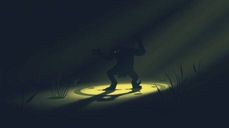 This artwork features an ogre dancing in a swamp, illuminated by soft, gentle light. The design utilizes geometric shapes, cl