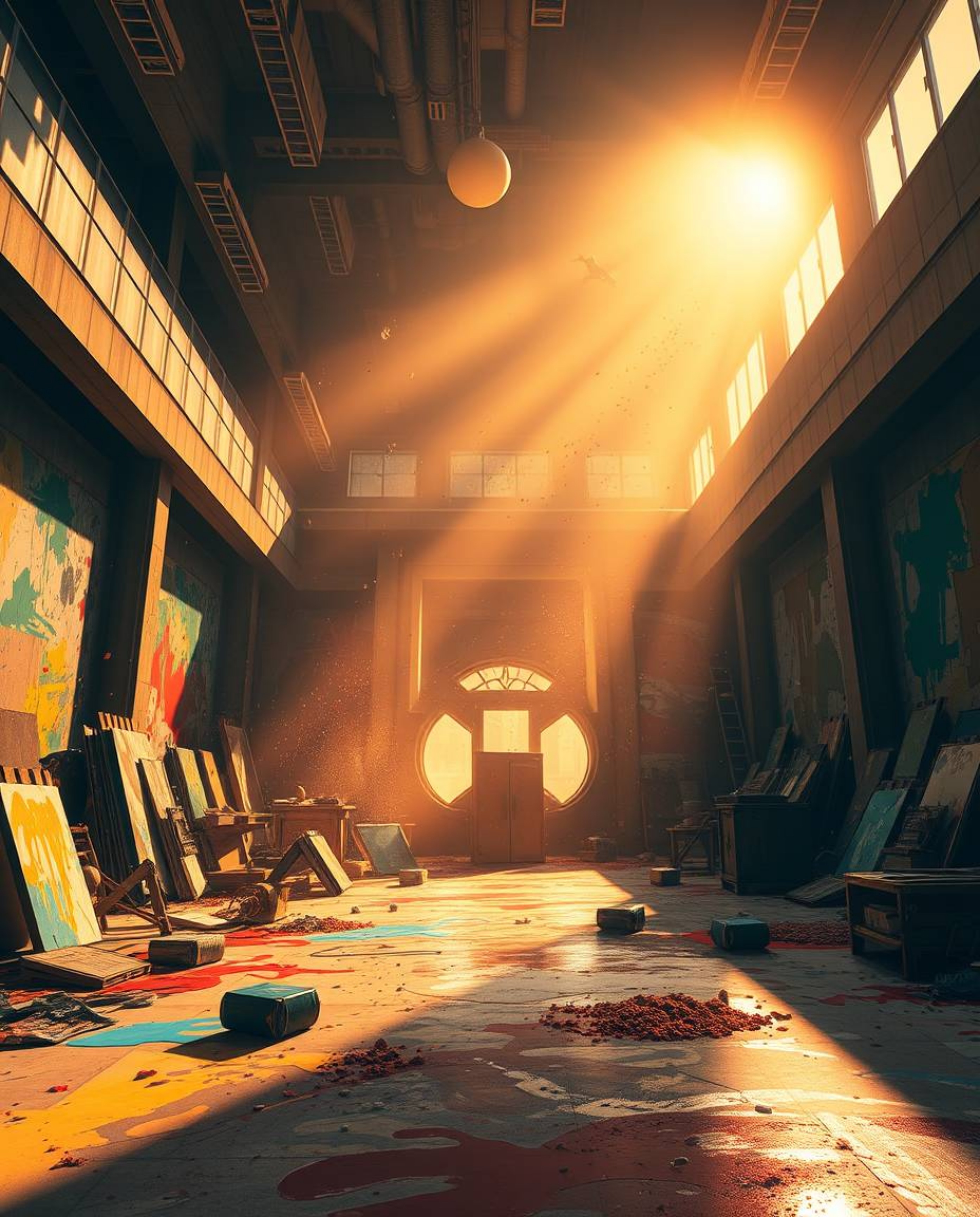 Experience an epic scene of a room exploding with vibrant paint, illuminated by the warm, golden hues of the setting sun. Thi