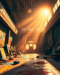 Experience an epic scene of a room exploding with vibrant paint, illuminated by the warm, golden hues of the setting sun. Thi