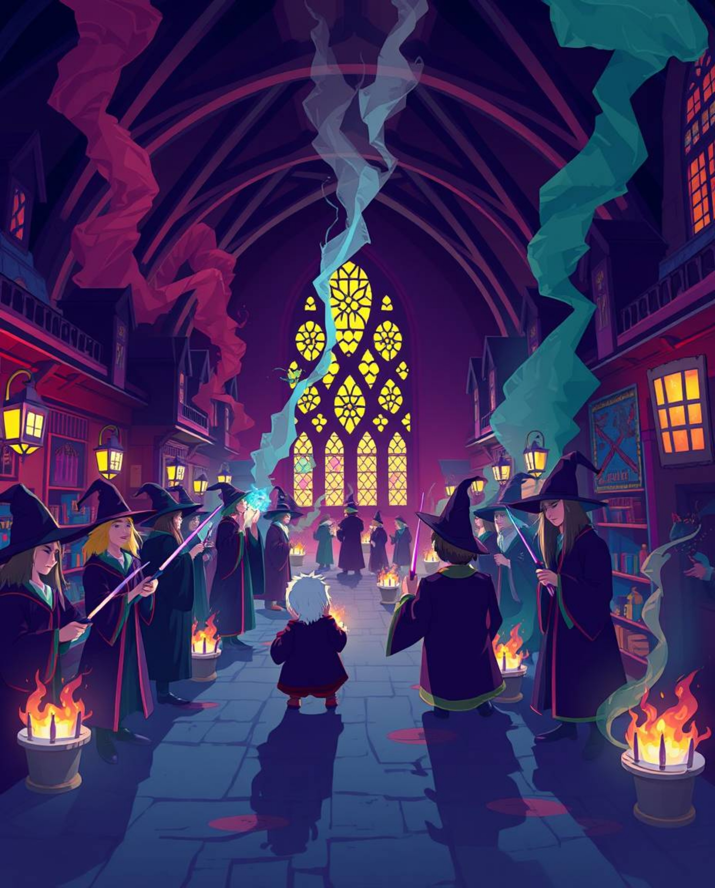 Immerse yourself in a dramatic cinematic-style illustration of a magical school teeming with young wizards. This artwork feat