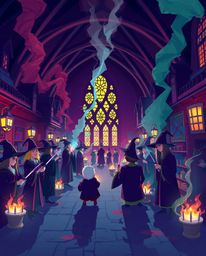 Immerse yourself in a dramatic cinematic-style illustration of a magical school teeming with young wizards. This artwork feat