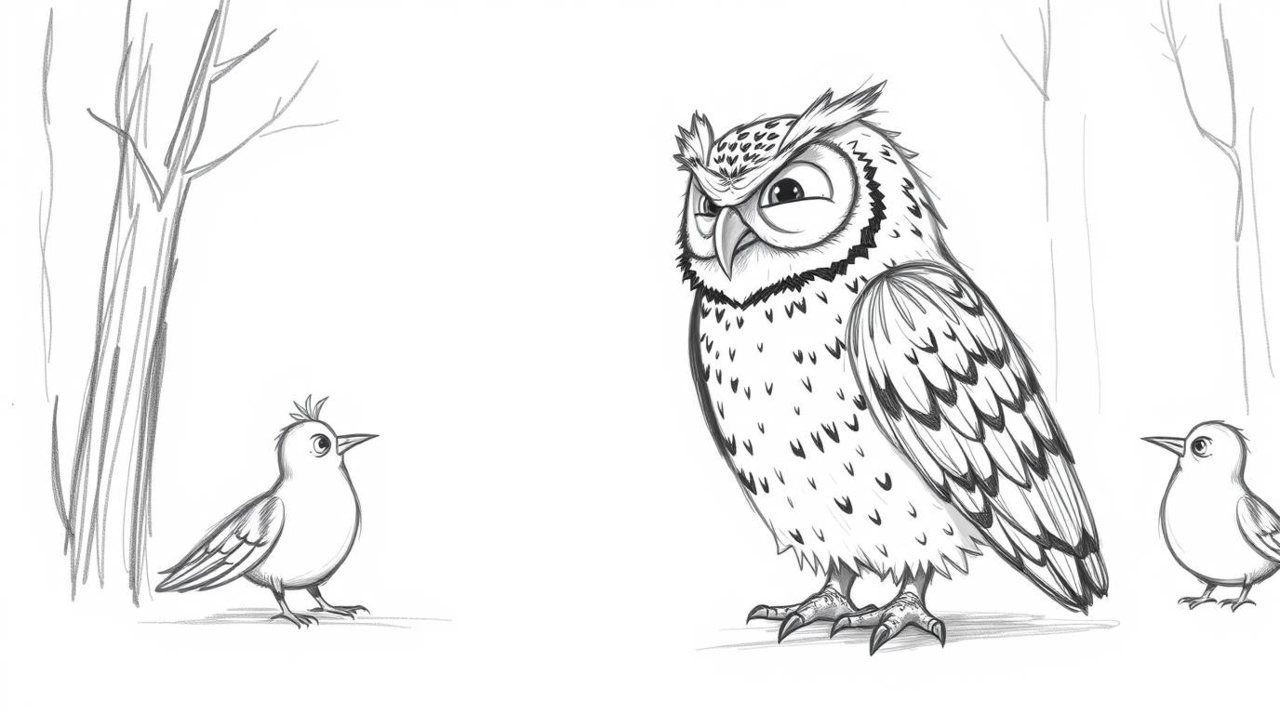 A heartwarming hand-drawn sketch in the Pixar style depicts a kind, blind owl with wrinkled feathers guiding a group of birds