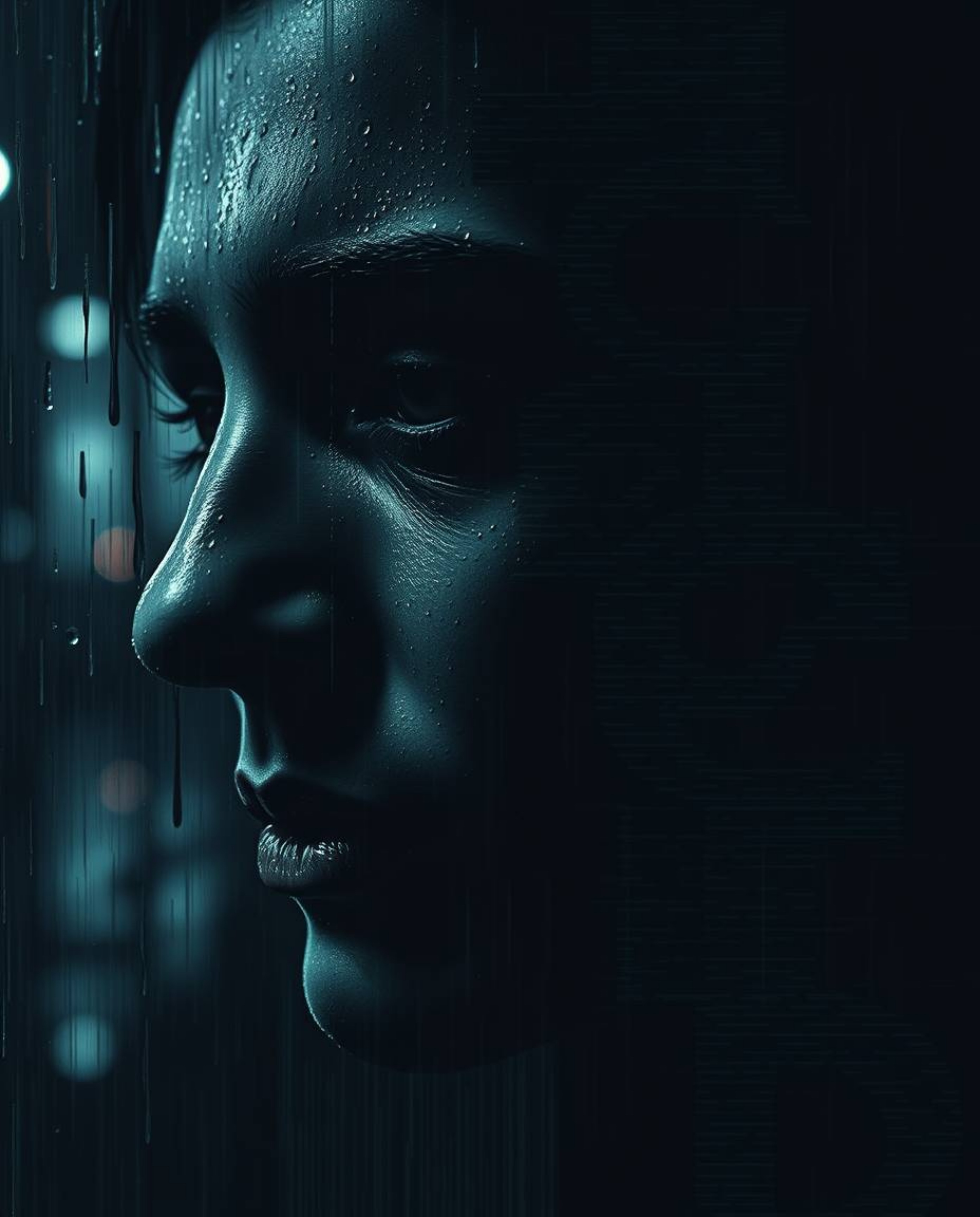 Explore a captivating digital painting featuring intense jet black hues and deep shadows, accentuated by drizzling rain on re