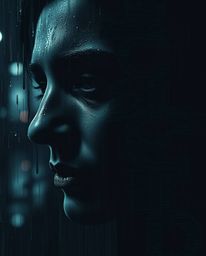 Explore a captivating digital painting featuring intense jet black hues and deep shadows, accentuated by drizzling rain on re