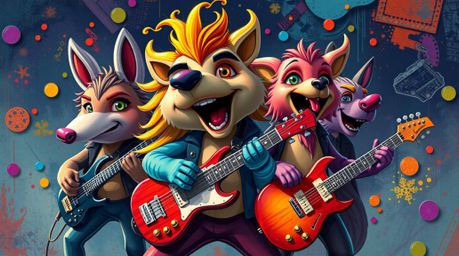 A captivating animation of a cartoon animal rock band performing energetic music.  The video features vibrant colors, creativ