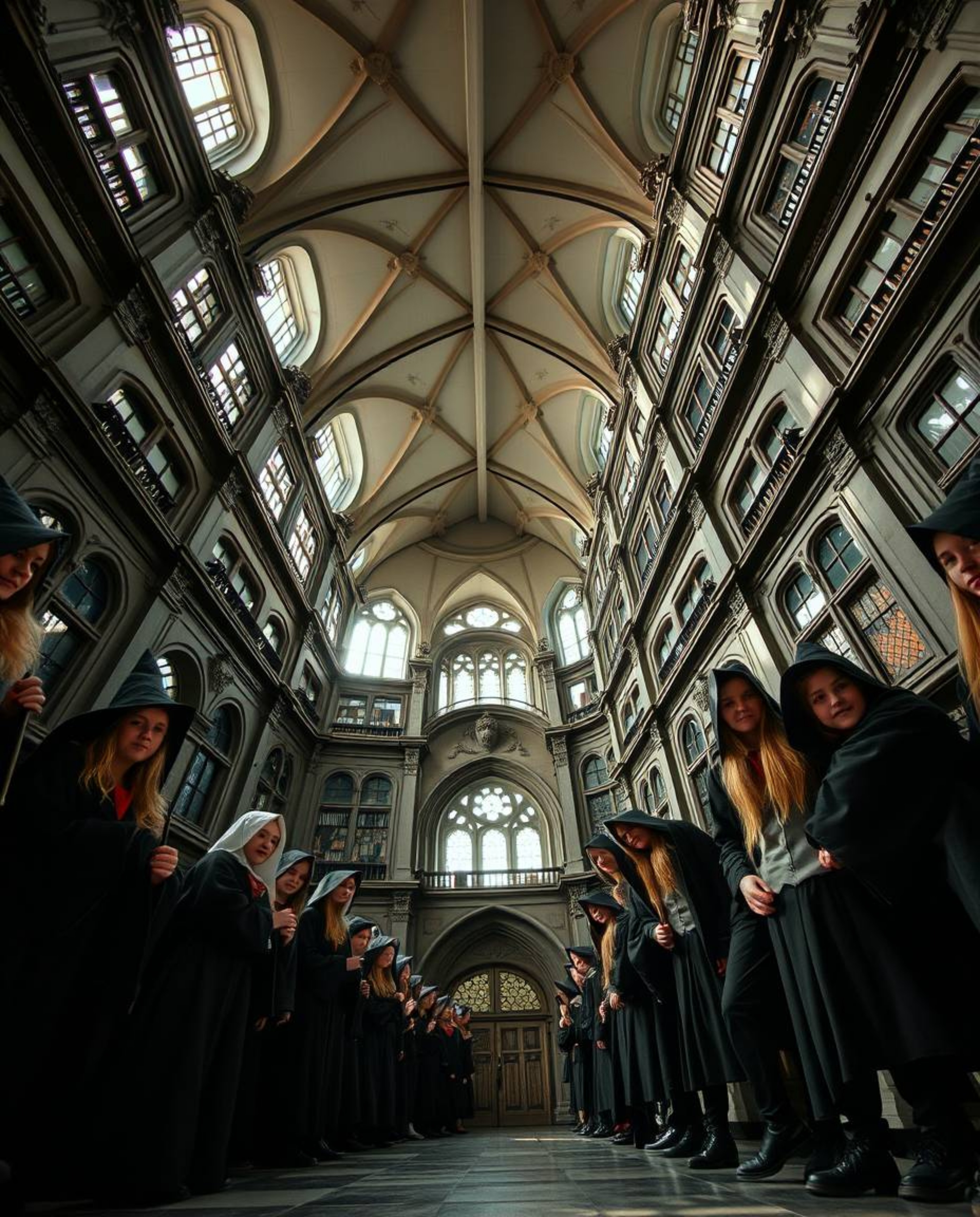 A captivating low-angle perspective photograph showcasing a magical school teeming with young wizards. The image is distinctl