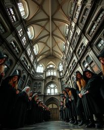 A captivating low-angle perspective photograph showcasing a magical school teeming with young wizards. The image is distinctl