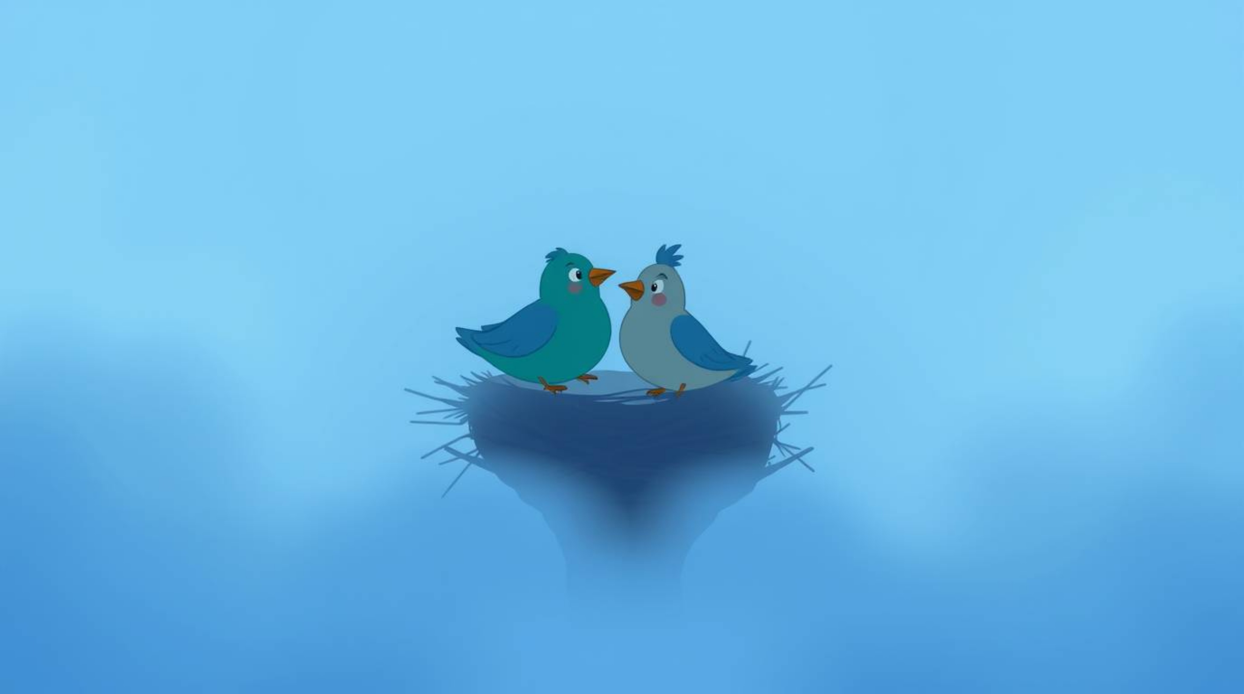 A charming classic animation style image showcases two cartoon birds diligently constructing their nest within a thick fog. C
