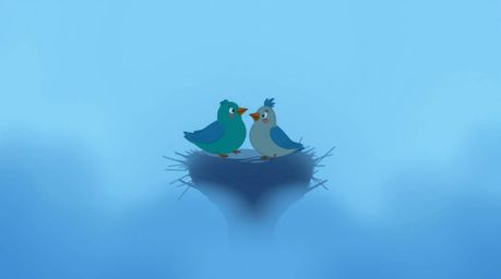 A charming classic animation style image showcases two cartoon birds diligently constructing their nest within a thick fog. C