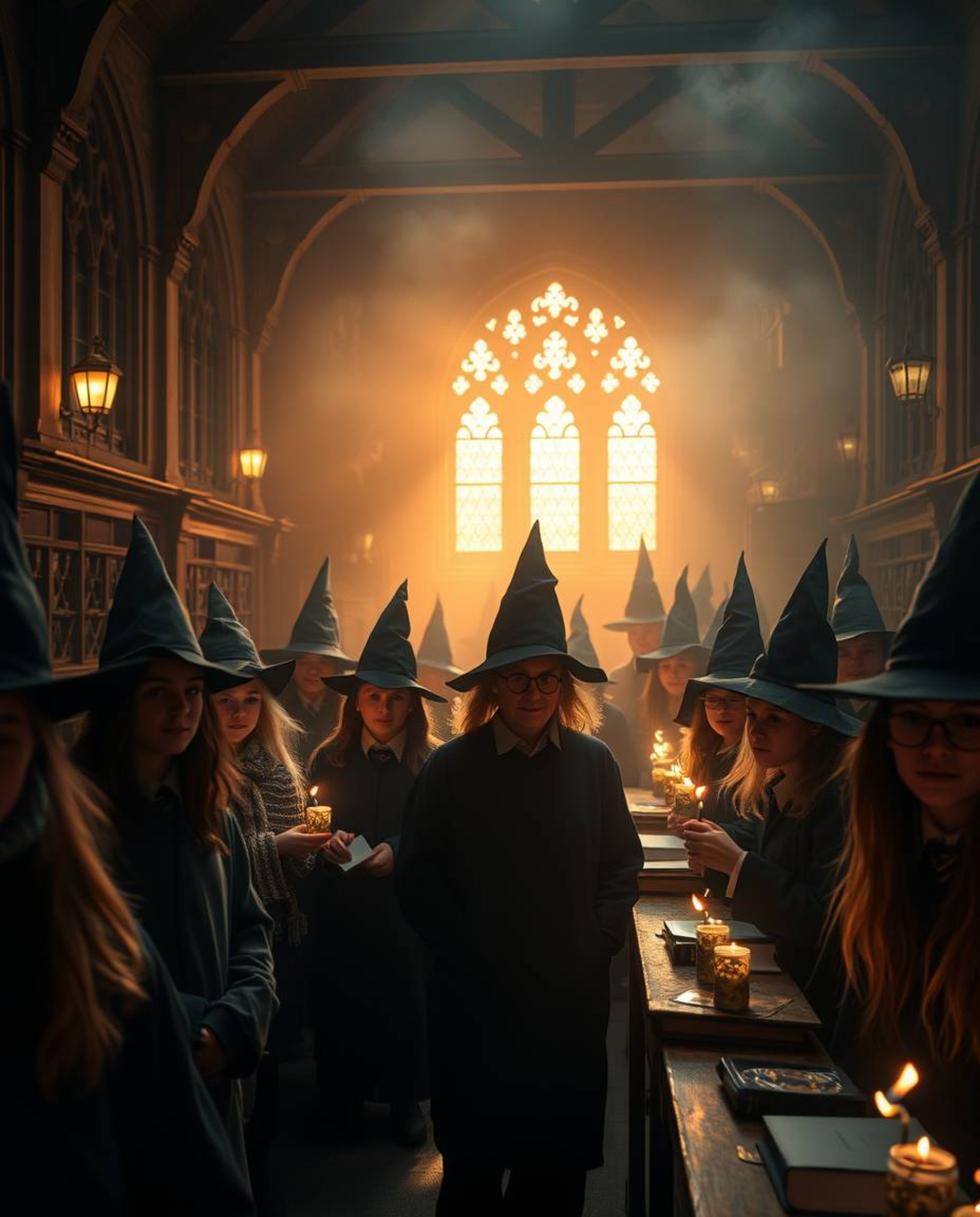 A professional fine art photograph capturing a magical school brimming with young wizards, designed to evoke a soft, dreamy a