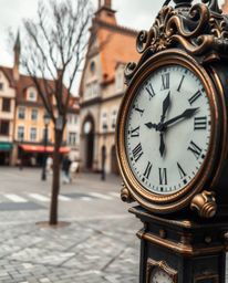 This collection features extreme macro close-up photographs of an empty town square dominated by the presence of ticking cloc
