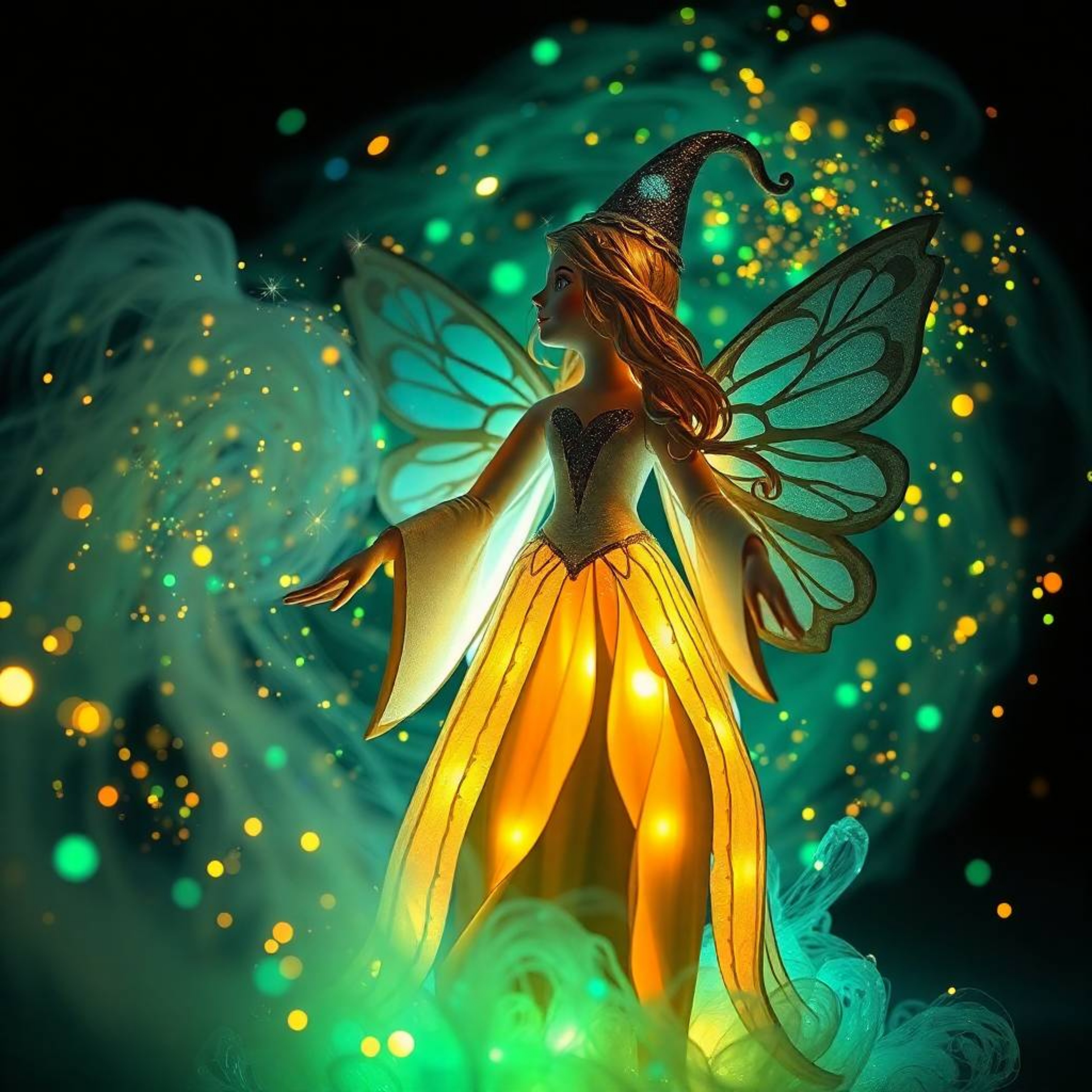 A stunning papier-mâché sculpture depicts a fairy godmother emerging from a swirl of sparkling, bioluminescent colors. The a