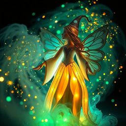 A stunning papier-mâché sculpture depicts a fairy godmother emerging from a swirl of sparkling, bioluminescent colors.  The a