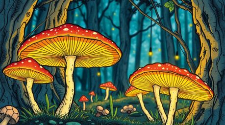 A captivating close-up sketchnote depicts a vintage enchanted forest teeming with luminous mushrooms.  The hand-drawn illustr