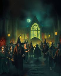 Explore a magical school teeming with young wizards, rendered in dark tones and unsettling details to create an eerie and cre