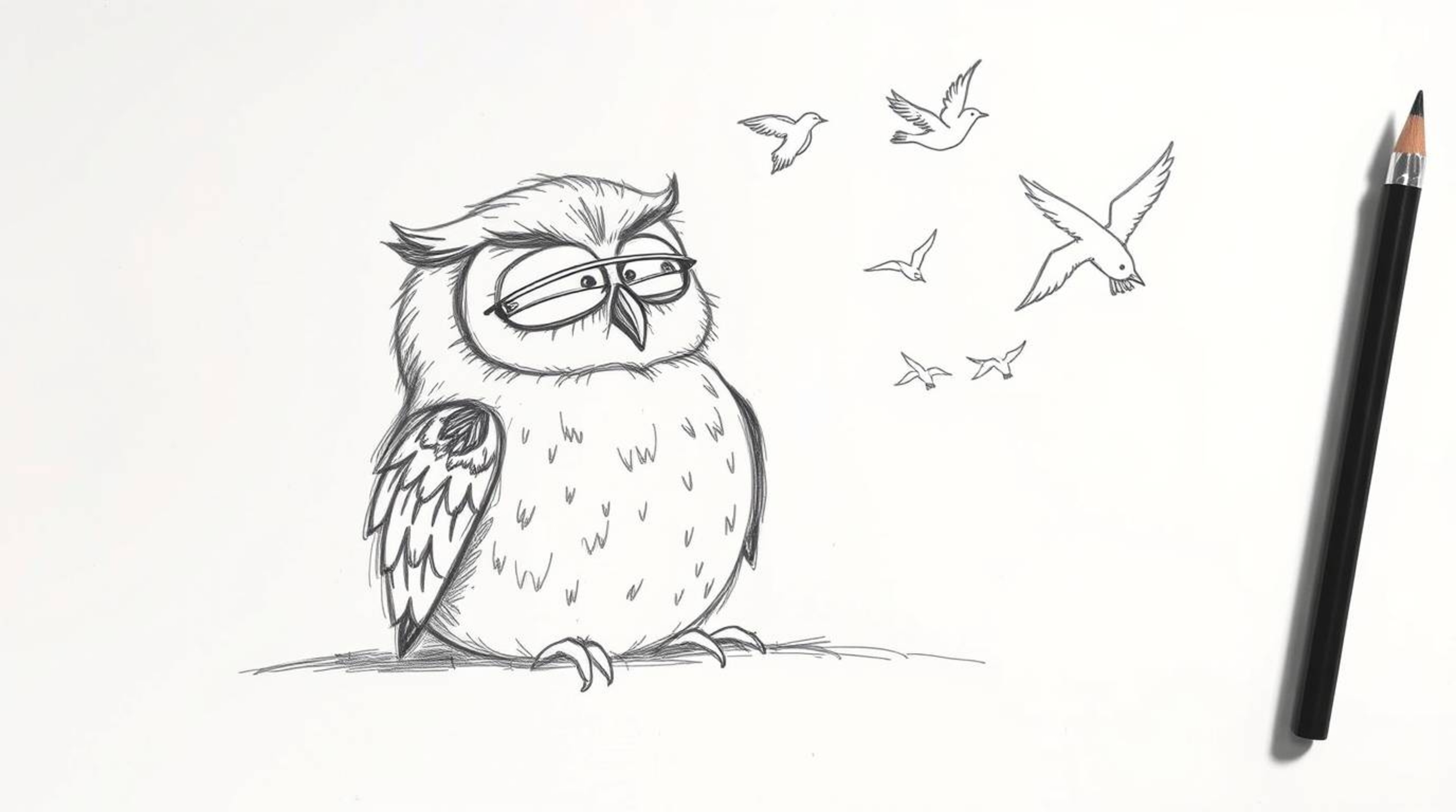 A heartwarming hand-drawn sketch in the style of Pixar portrays a blind owl with soft, textured feathers and a peaceful expre