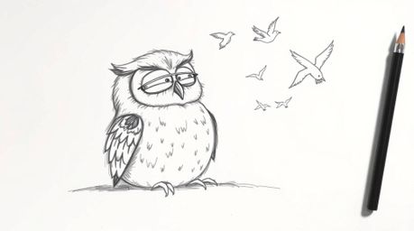 A heartwarming hand-drawn sketch in the style of Pixar portrays a blind owl with soft, textured feathers and a peaceful expre
