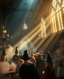 Immerse yourself in a magical school filled with young wizards, where volumetric lighting and smooth gradient transitions cre