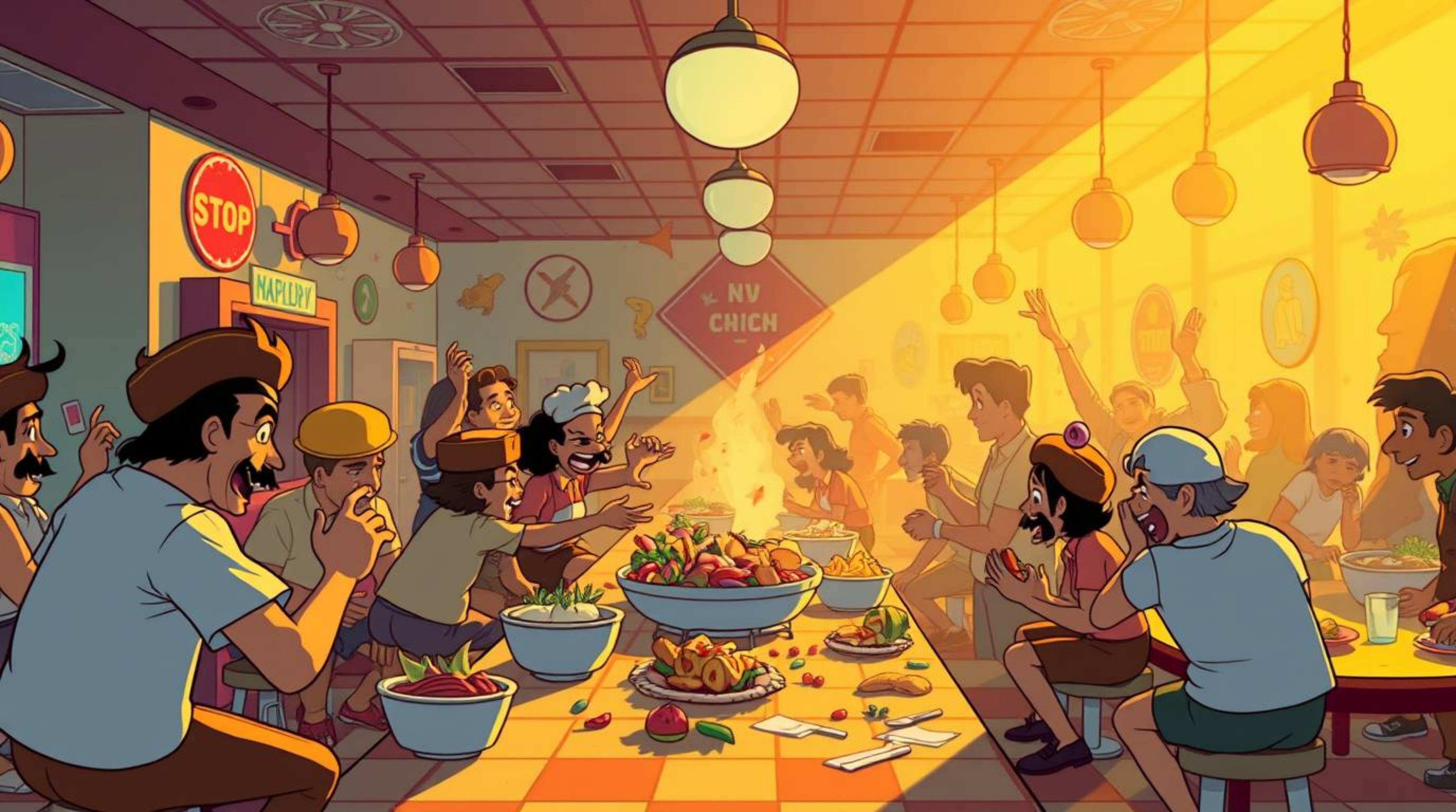 Experience a vibrant and chaotic food fight unfolding in a whimsical cartoon cafeteria. Bathed in a warm, golden glow, the sc