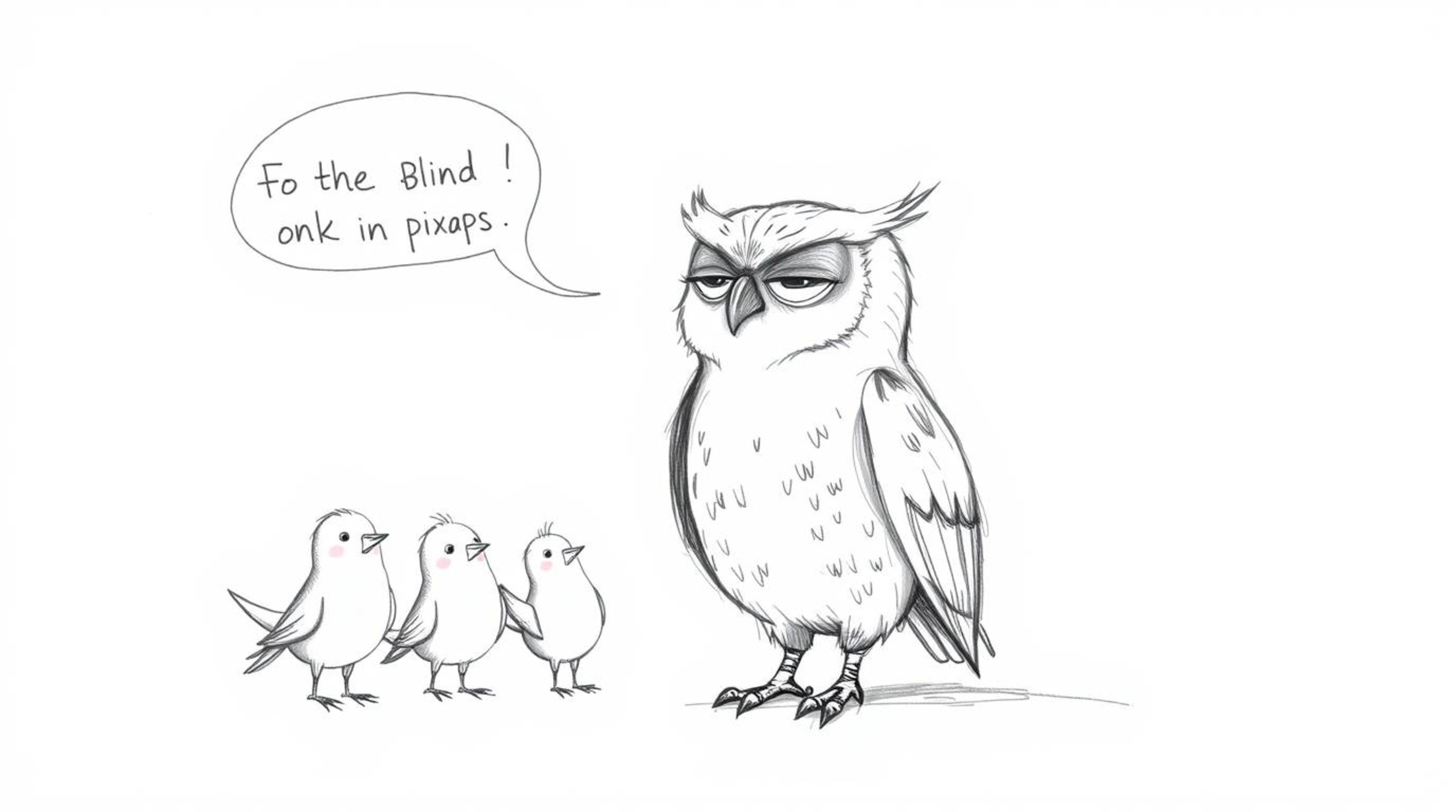 A heartwarming hand-drawn sketch in the style of Pixar depicts a blind owl with soft feathers, using musical chirps to guide 