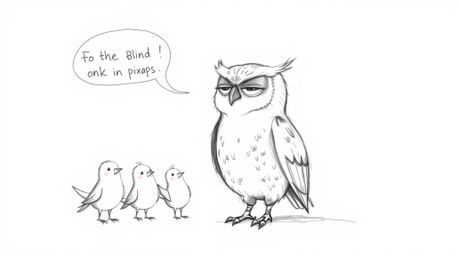 A heartwarming hand-drawn sketch in the style of Pixar depicts a blind owl with soft feathers, using musical chirps to guide 