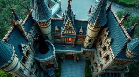 This stunning aerial photograph captures a classic Disney villain casting a spell within the meticulously detailed walls of a