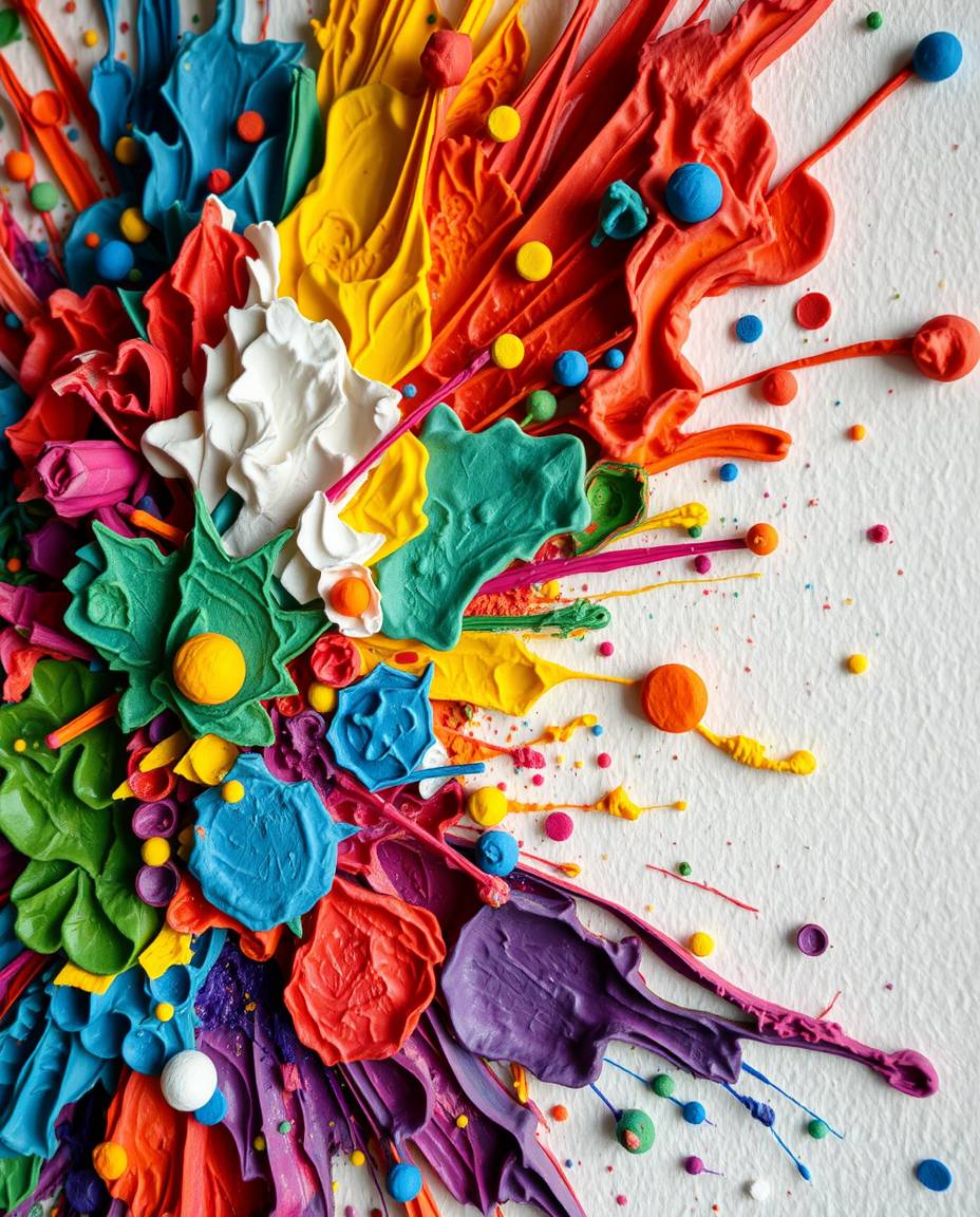 A stunning close-up captures the intricate layered papier-mâché texture of a dynamic explosion of vibrant paint colors agains