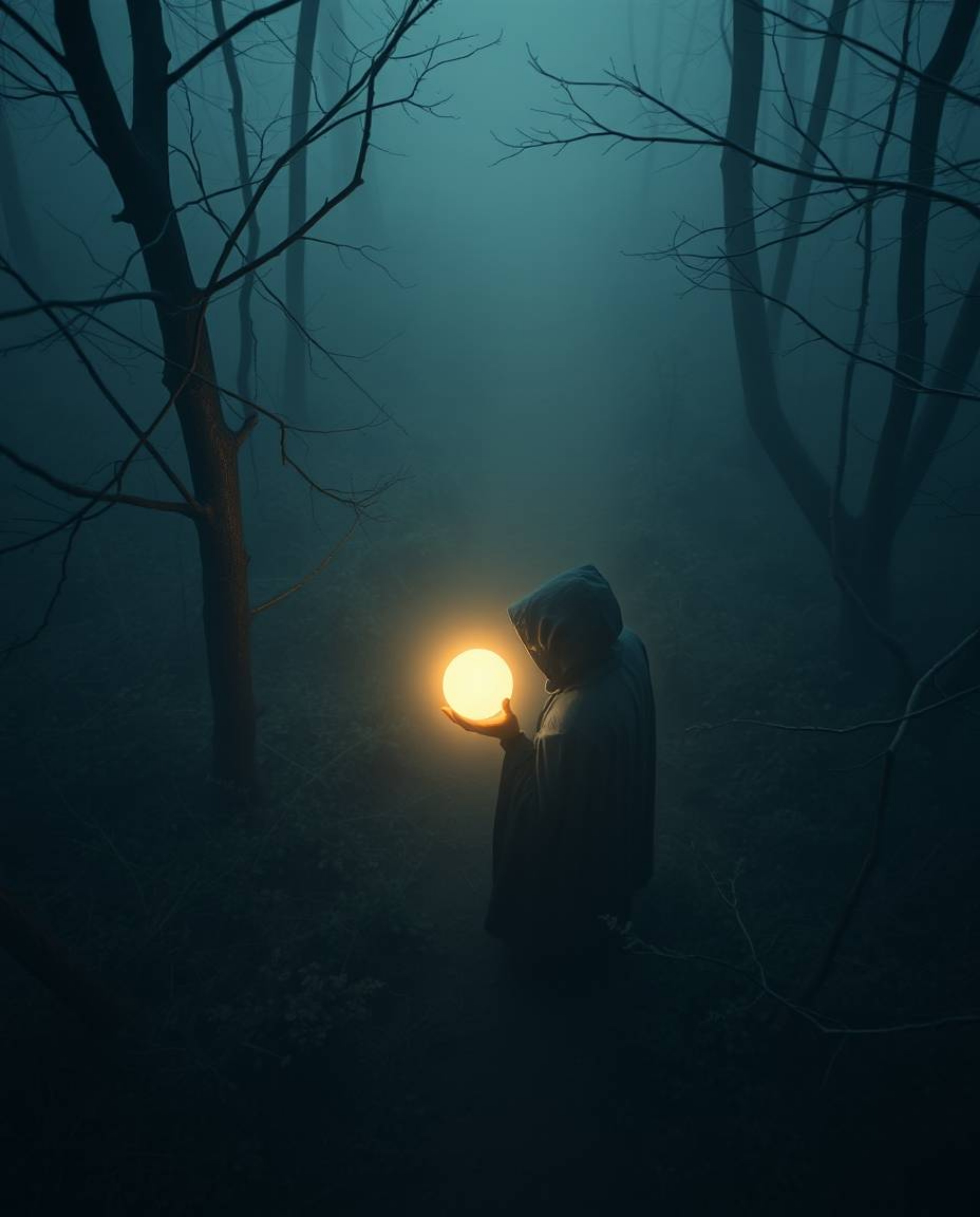 Immerse yourself in a soft, cinematic haze with this overhead bird's-eye view of a cloaked figure in a misty forest, holding 