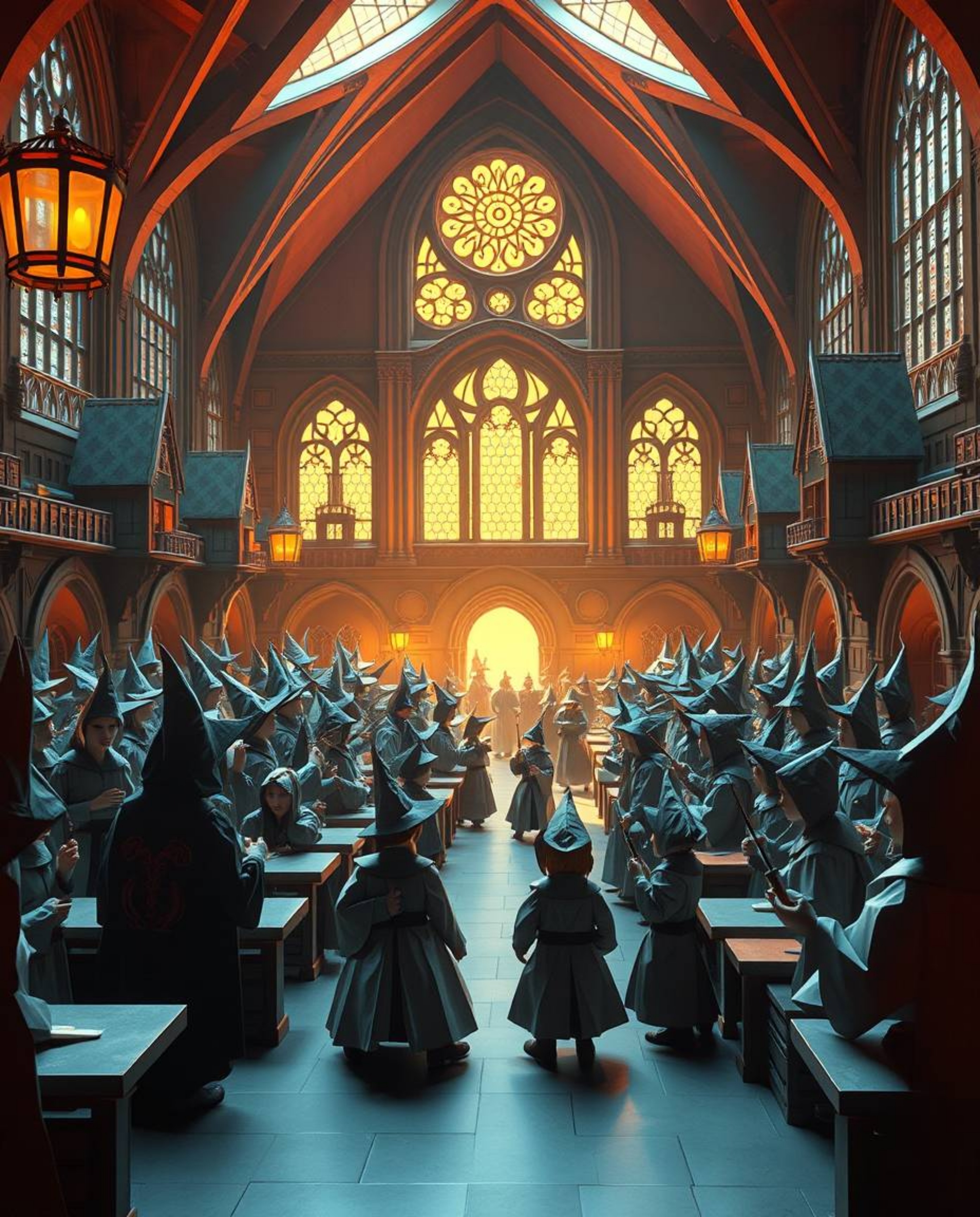 Immerse yourself in a grand, epic scene of a magical school teeming with young wizards, meticulously rendered in an intricate
