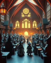 Immerse yourself in a grand, epic scene of a magical school teeming with young wizards, meticulously rendered in an intricate