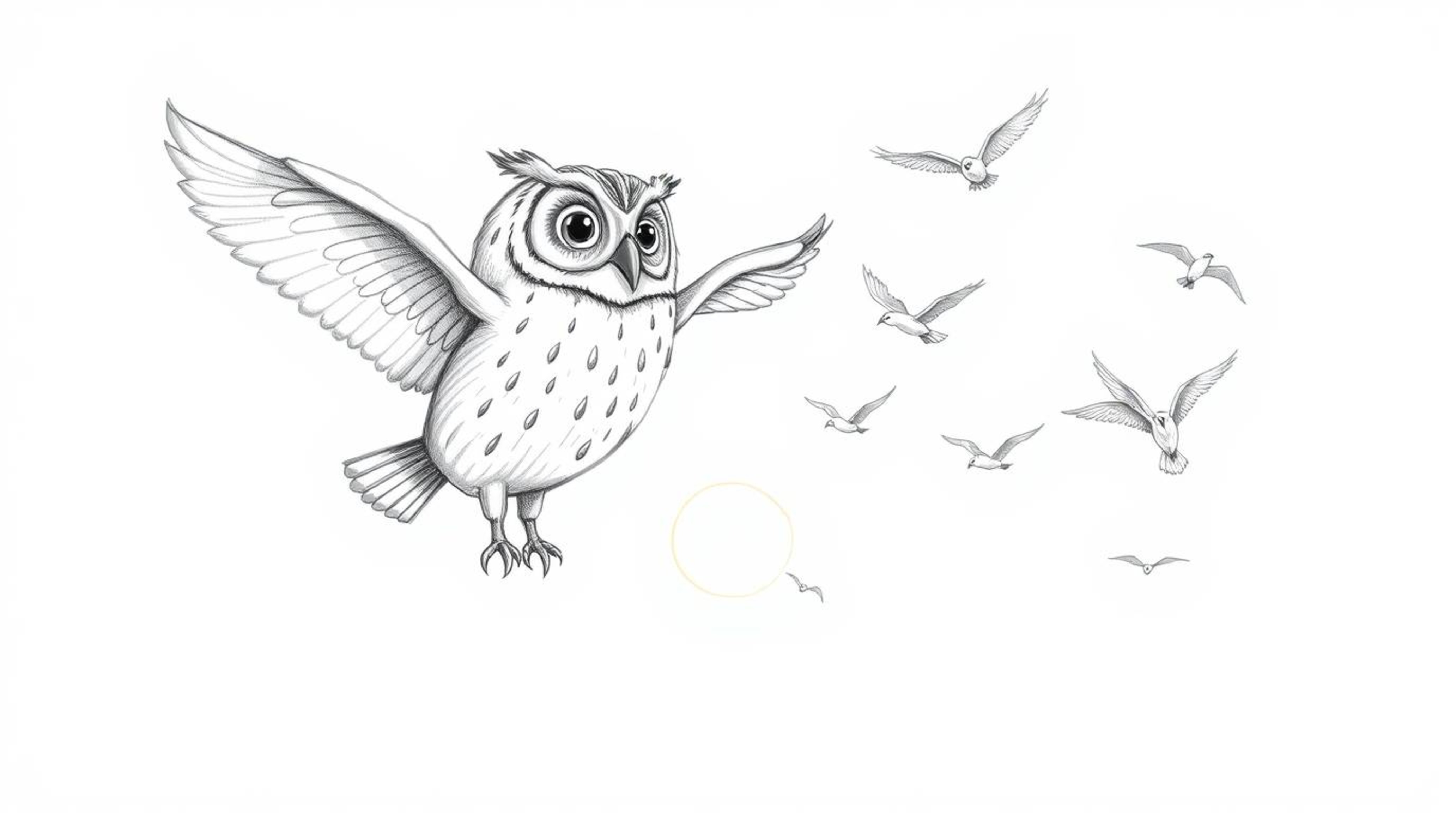 A heartwarming hand-drawn sketch depicts a wise, large blind owl, in the style of Pixar, teaching a diverse group of birds to