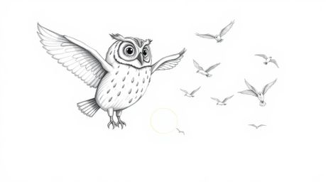 A heartwarming hand-drawn sketch depicts a wise, large blind owl, in the style of Pixar, teaching a diverse group of birds to