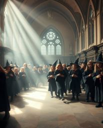 A photograph depicting a magical school brimming with young wizards, bathed in a soft and dreamy atmosphere. The scene is enh