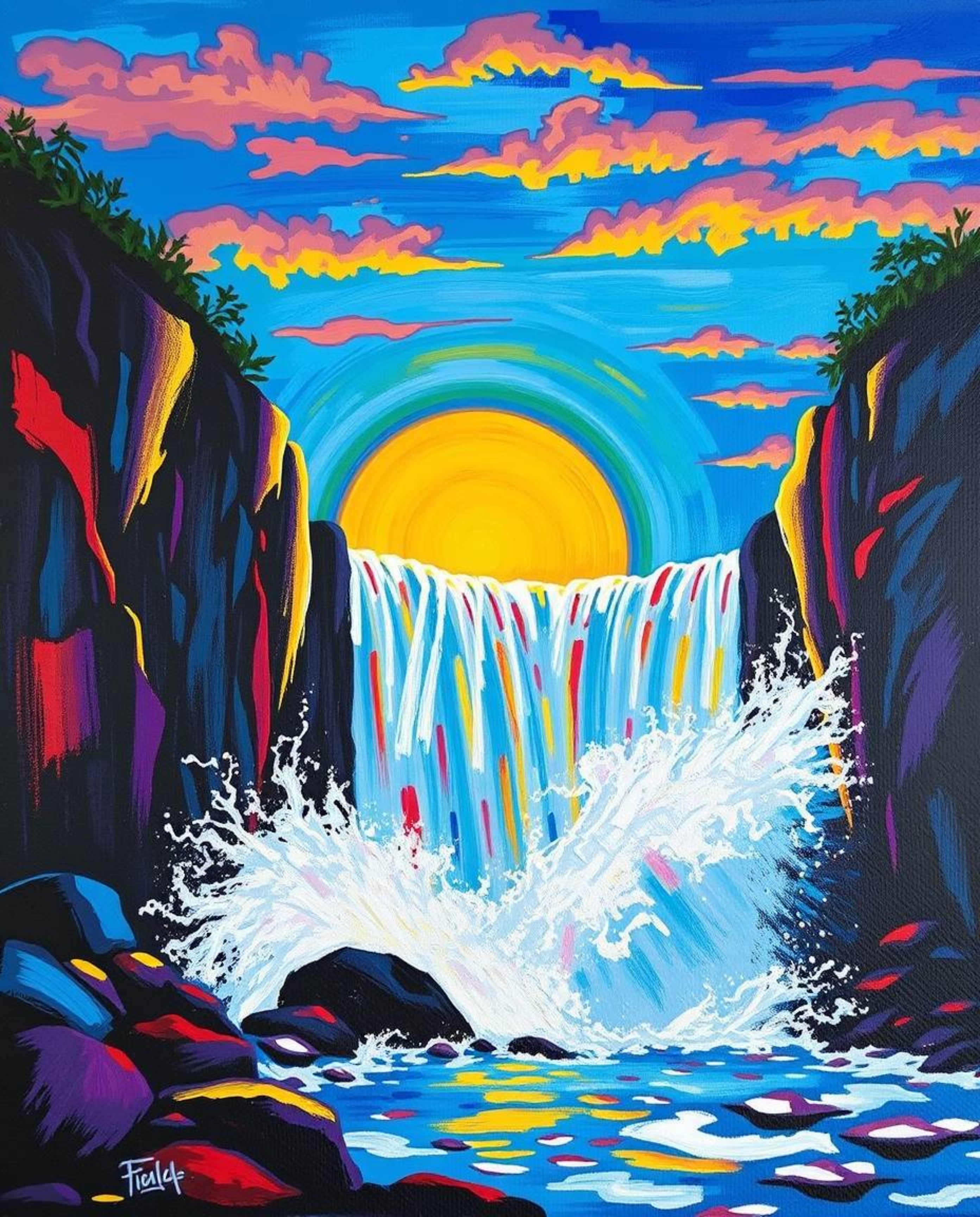 This is a bold acrylic painting of a sun setting behind a dramatic waterfall. The artwork is characterized by its vibrant col