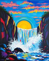 This is a bold acrylic painting of a sun setting behind a dramatic waterfall. The artwork is characterized by its vibrant col