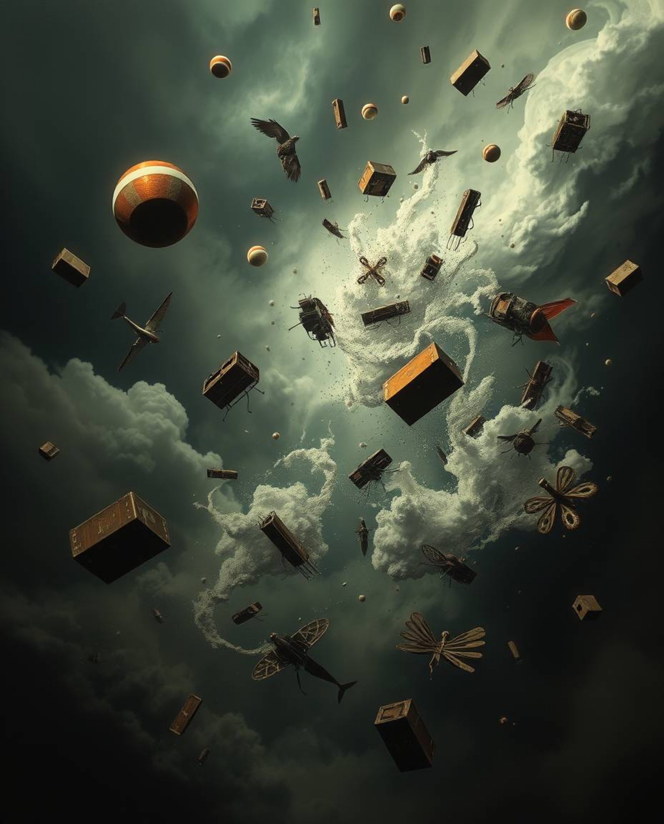 Experience a breathtaking surreal storm filled with flying objects and defying gravity, brought to life through the dramatic 