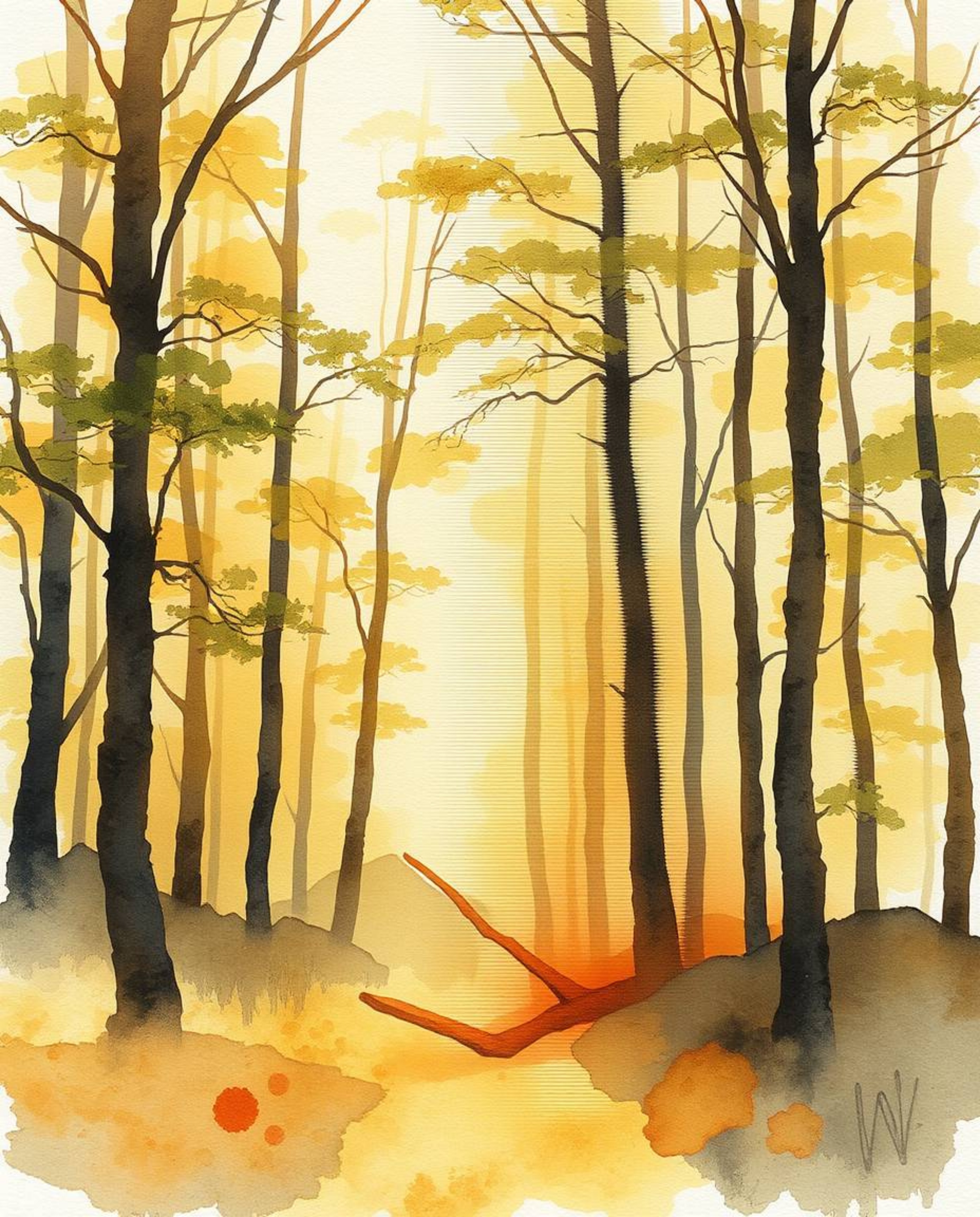 A captivating watercolor painting of a forest scene is uniquely enhanced with a digital glitch effect.  Warm golden light cas