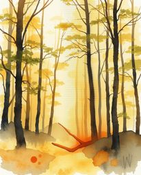 A captivating watercolor painting of a forest scene is uniquely enhanced with a digital glitch effect.  Warm golden light cas