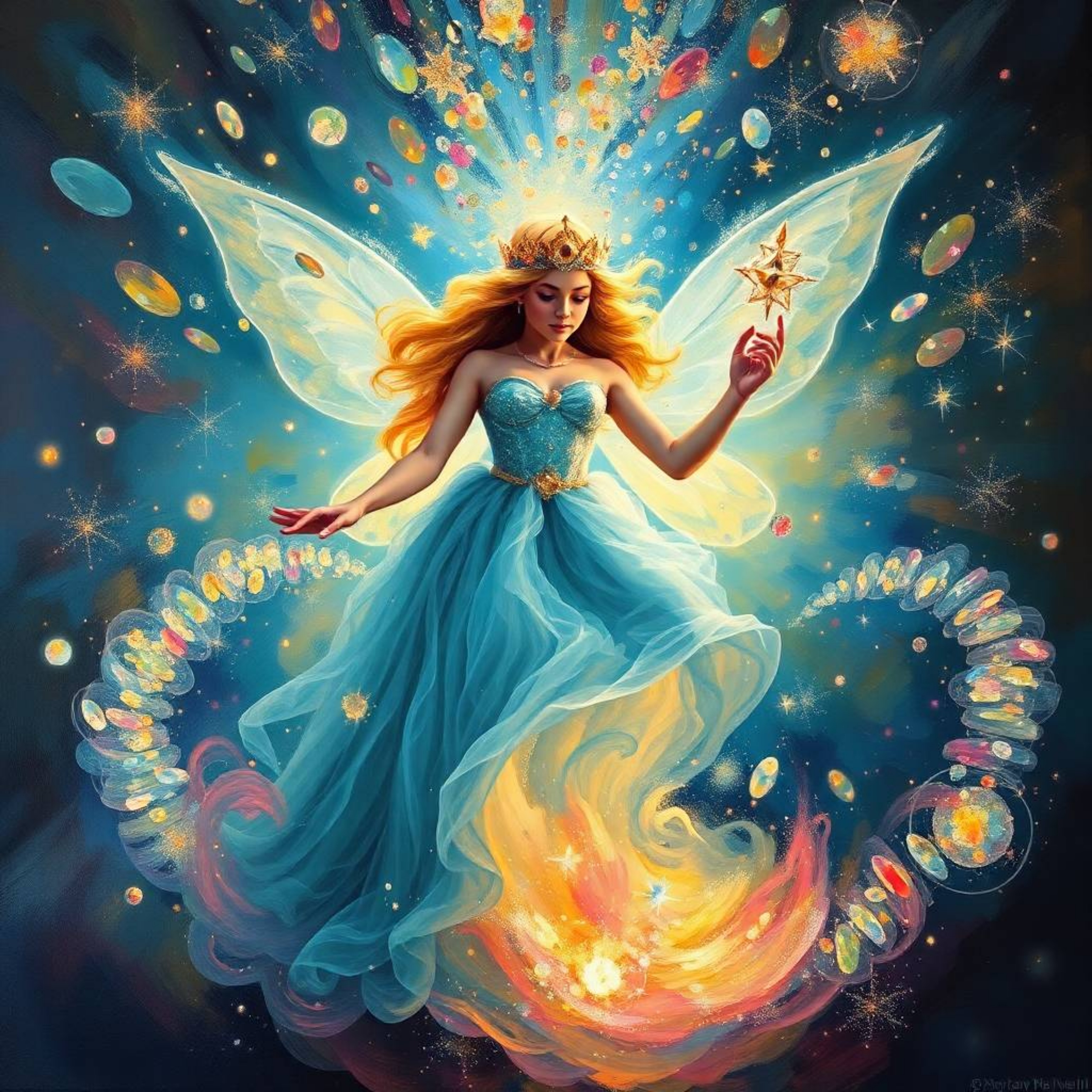 This artwork captures a fairy godmother's ethereal emergence from a swirling vortex of sparkling particles, rendered in elect