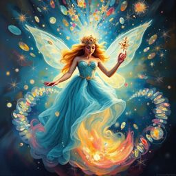 This artwork captures a fairy godmother's ethereal emergence from a swirling vortex of sparkling particles, rendered in elect