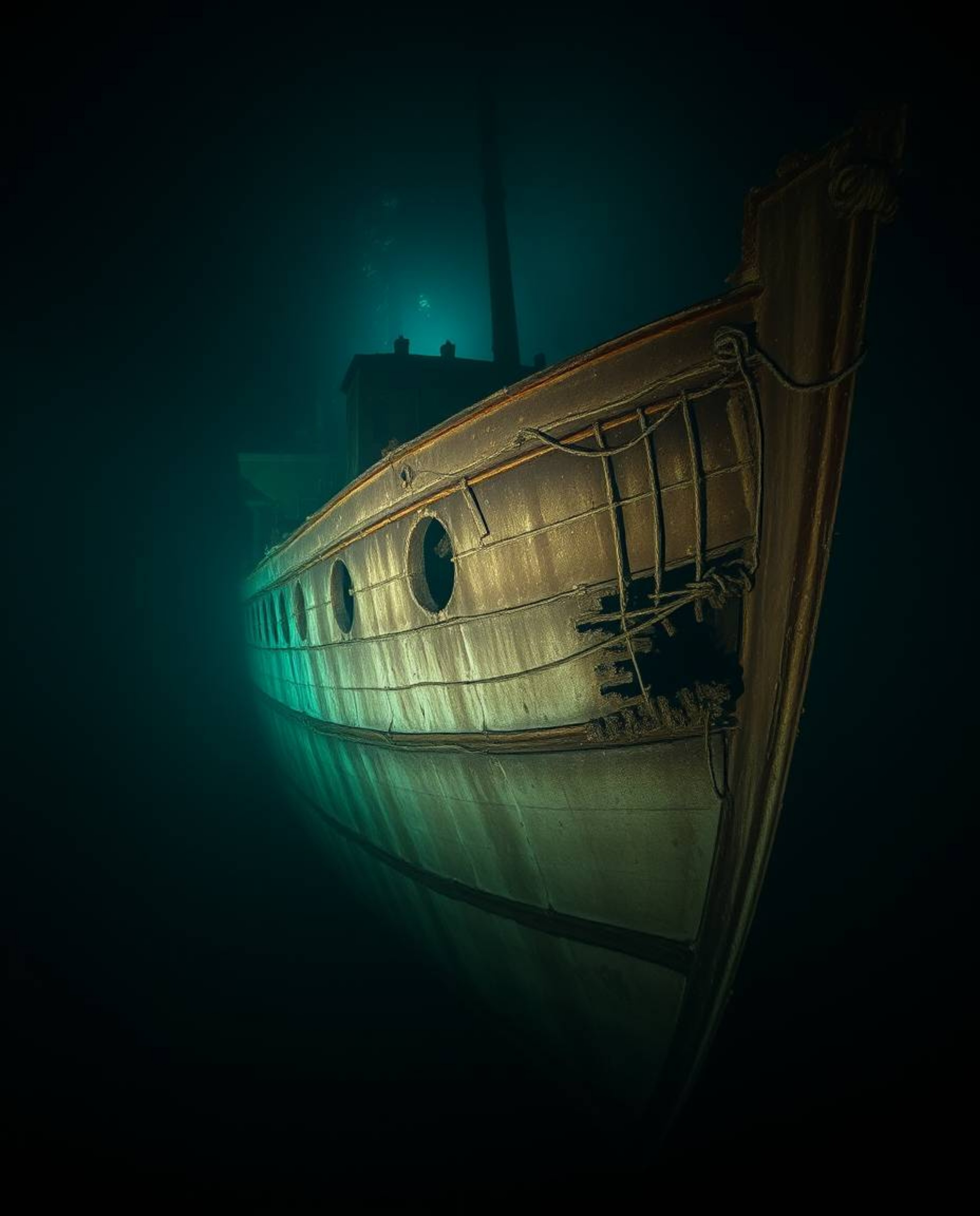 Discover breathtaking images of a sunken shipwreck bathed in dramatic chiaroscuro lighting.  The graceful and elegant remains