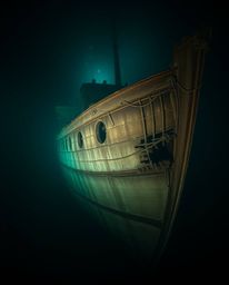 Discover breathtaking images of a sunken shipwreck bathed in dramatic chiaroscuro lighting.  The graceful and elegant remains