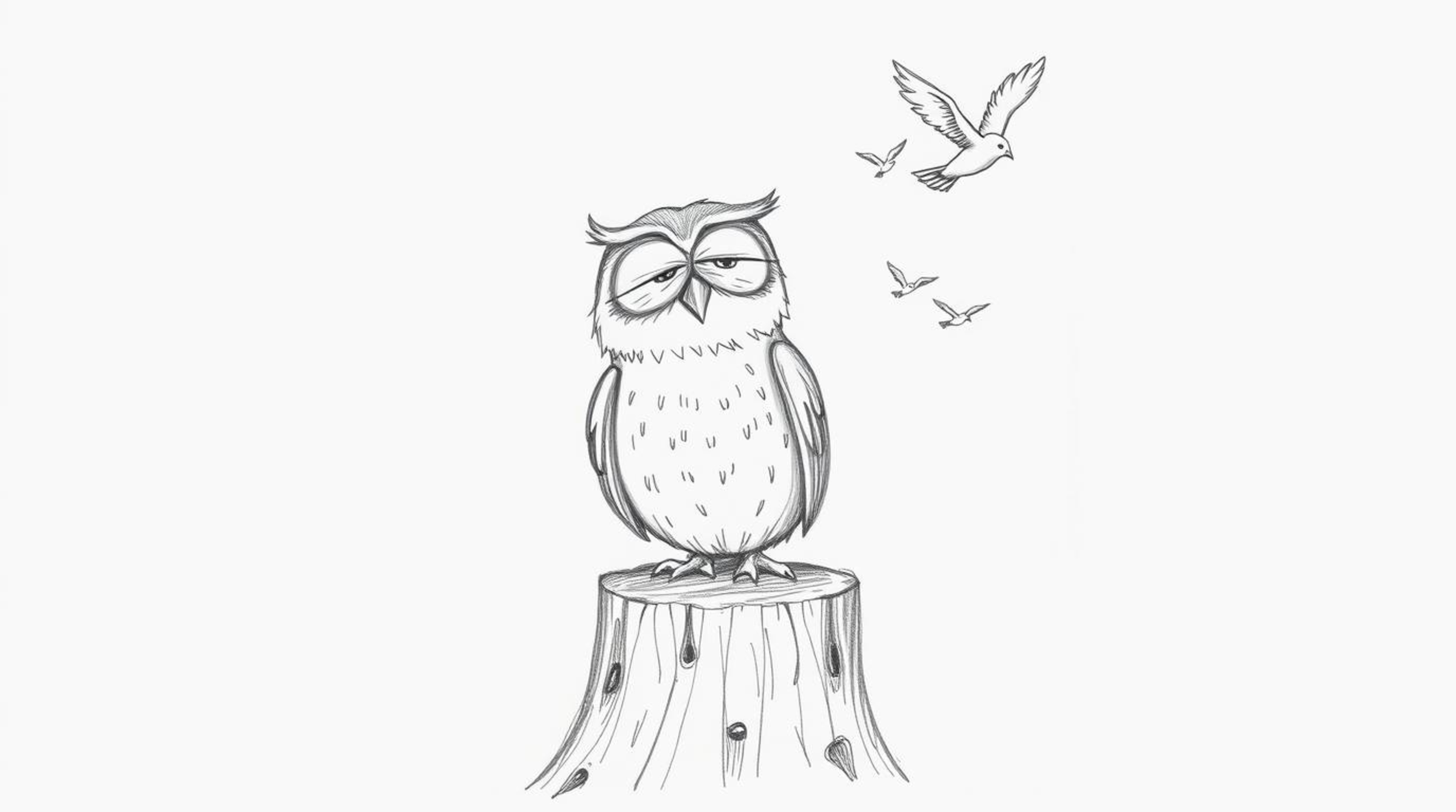 A charming hand-drawn pencil sketch depicts a blind owl in the Pixar style, perched on a tree stump. The owl smiles cheerfull