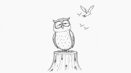 A charming hand-drawn pencil sketch depicts a blind owl in the Pixar style, perched on a tree stump. The owl smiles cheerfull