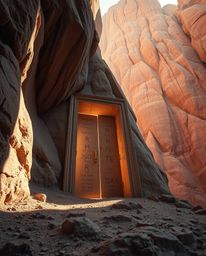 A dramatic low-angle perspective captures an ancient doorway, etched with glowing runes, nestled within a mountain's embrace.