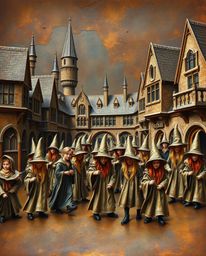 Step into a world of enchantment with this depiction of a magical school filled with young wizards. Rendered in an antique st